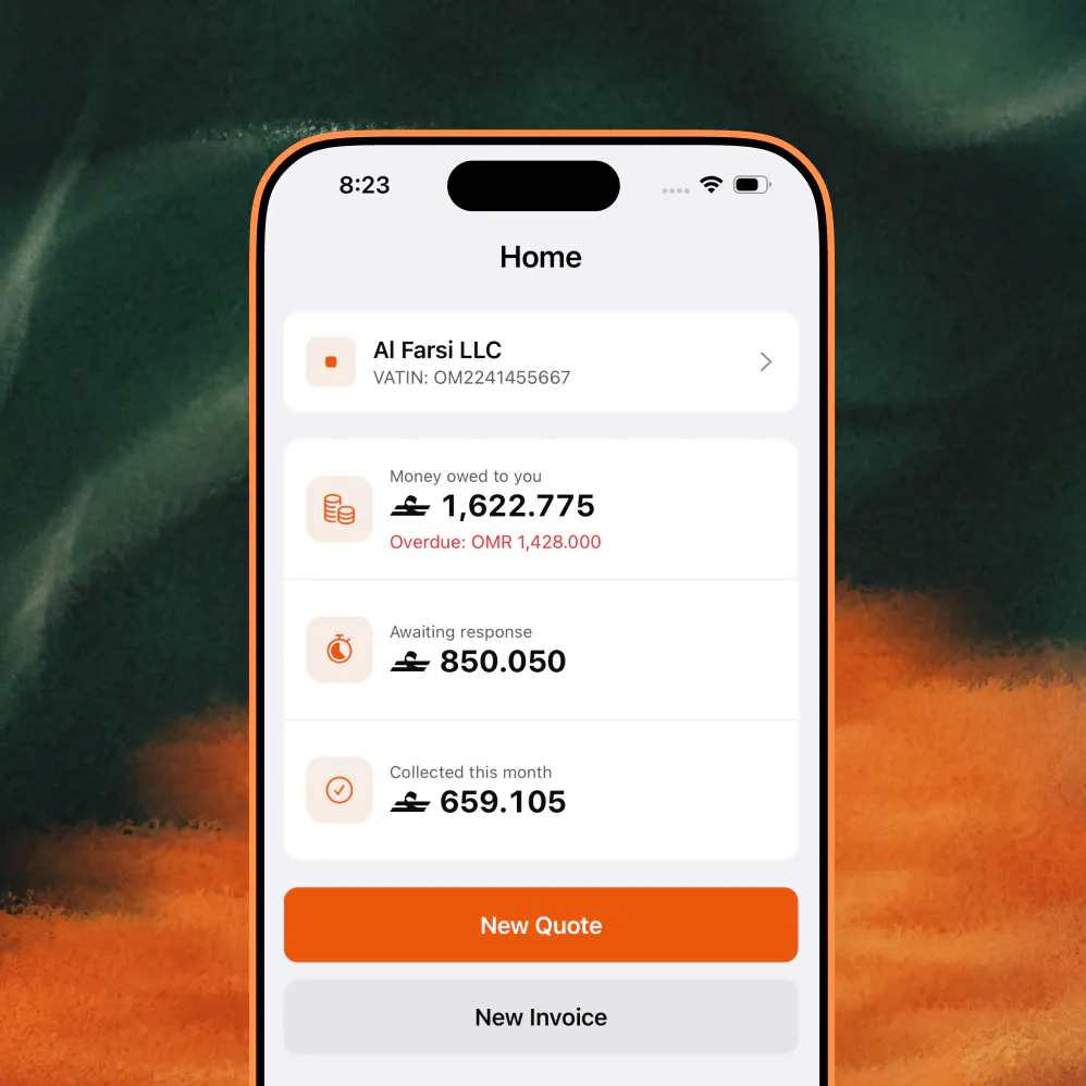 الشاشة الرئيسية في يسرين على الهاتف، تعرض اسم المنشأة ورقم تسجيلها الضريبي، والمبالغ المستحقة لك مع المتأخر منها، وبانتظار الرد، والمحصّل هذا الشهر، مع زرّي عرض سعر جديد وفاتورة جديدة